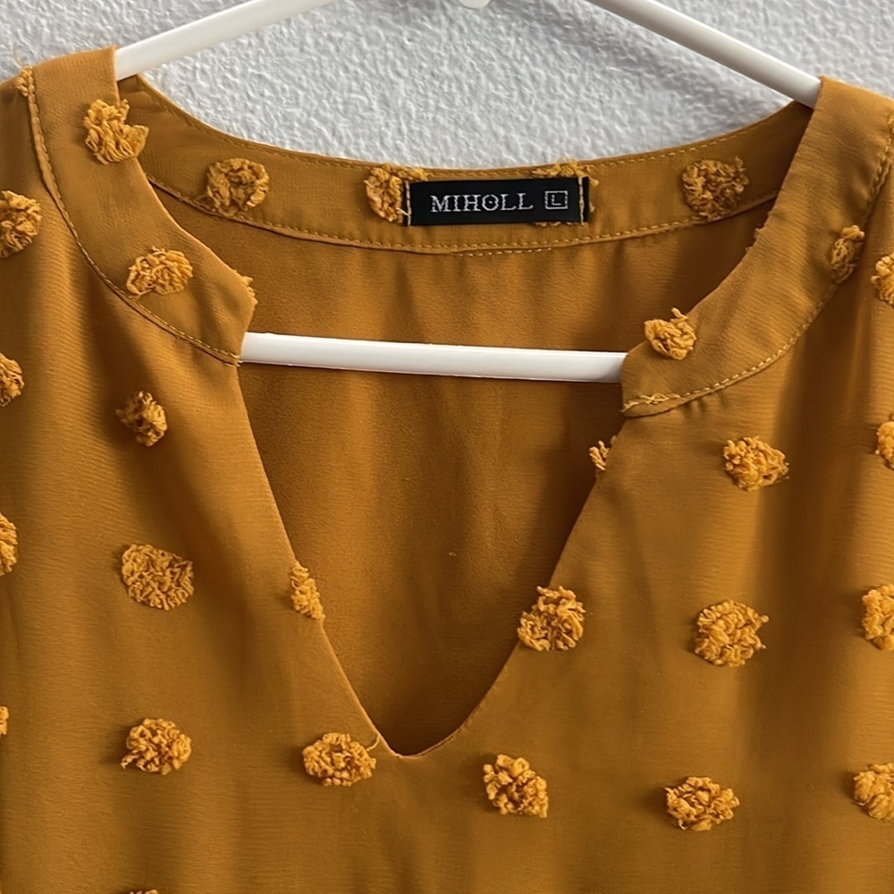 MIHOLL Swiss Dot Baby Doll Mini Dress Mustard Yellow Size L - Picture 4 of 8
